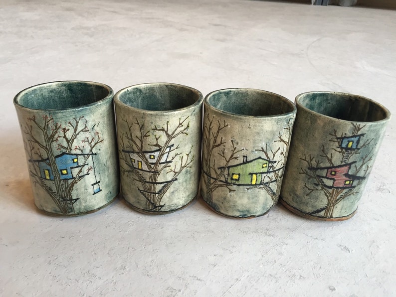 Ceramic Treehouse Tumbler or Utensil Cup Set of 4 Etsy