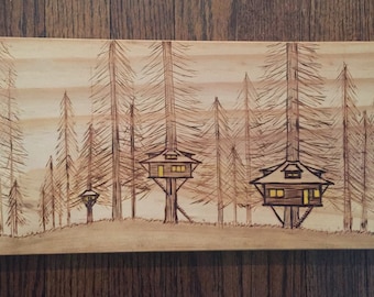 Woodburned Treehouse Sketch on Wood Plate
