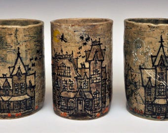 Ceramic Hand Drawn Haunted House Vase wine chiller utensil holder