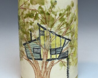 Handmade Mid Mod Style Ceramic Treehouse Tumbler or Utensil Cup