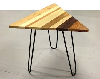 Reclaimed hardwood Wood Triangular handmade simple industrial Modern boho End Table or Coffee Table with hairpin legs