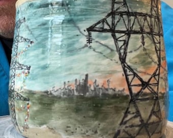Handmade ceramic tumbler utensil cup silhouette utility towers scene at sunset with a tiny home town and city in the distance one of a kind