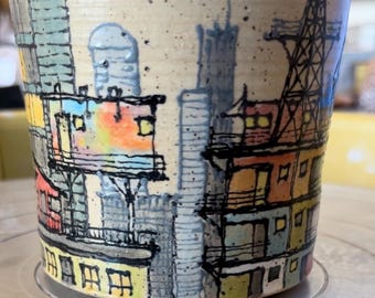Handmade Ceramic glazed city Rooftop Tiny Homes retreats Tumbler Utensil Cup
