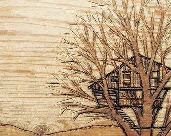 Woodburned Treehouse Sketch on Wood Plate