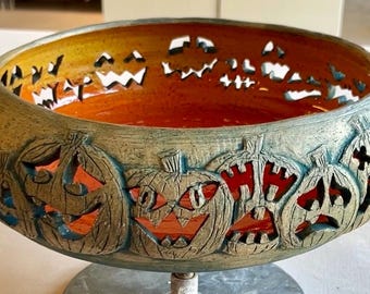 Ceramic Halloween Jack-o-lantern centerpiece candy bowl and luminaire candy bowl
