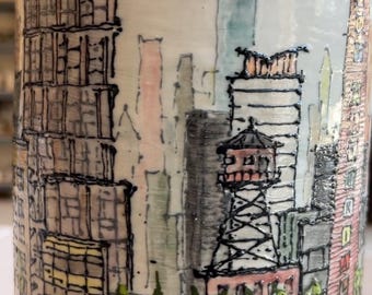 Handmade Ceramic glazed vase with a view of Near North Chicago with some new buildings added