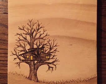 Woodburned Treehouse Sketch on Wood Plate