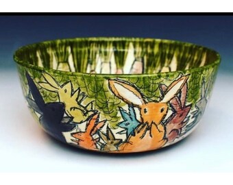 year of rabbit pottery ceramic handmade easter bunny rabbit mixing potato chip salad bowl functional art gift colorful carrots