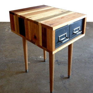 Mixed wood and vintage metal catalog drawer end table or nightstand