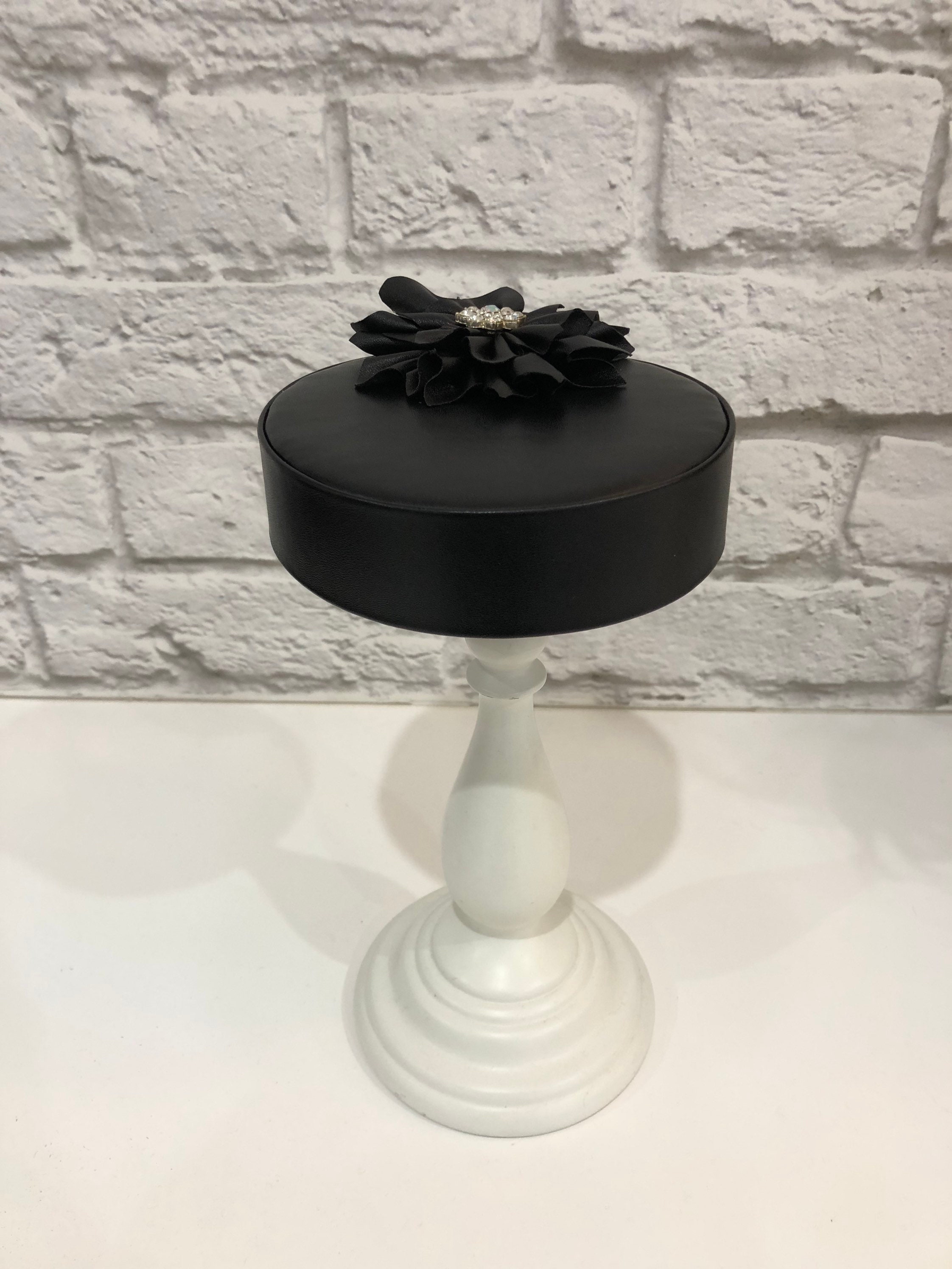 Black Faux Leather Pillbox Hat Etsy