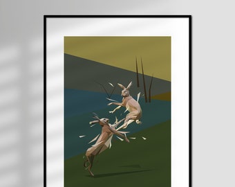 March - Fighting Hares, Countryside Wildlife, Limited Edition, Giclée Art Print