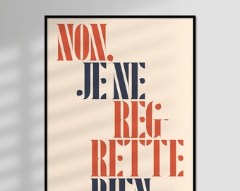 Regrette - Edith Piaf, Pink Martini, Typographiy Lyrics, Limited Edition, Giclée Art Print