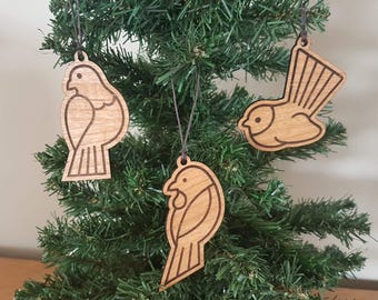 Christmas Ornament Set - New Zealand birds - Kererū (Wood pigeon), Pīwakawaka (Fantail) and Tui