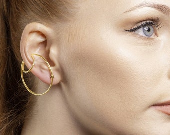 Gold Hoop Ear Cuff Stud Earrings Sterling Silver Round Earrings Double Hoop Earrings Cool Jewelry Sister Gift Earring Present