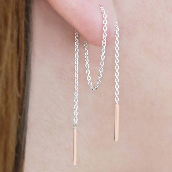 Sterling Silver Chain Threader Earrings with Rose Gold Bars Thread Earrings Long Drop Chain Earrings Two Tone Earrings Single Earring