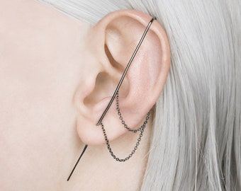 Oxidised Cuff Earrings Ear Cuffs Oxidized Chain Earrings Black Bar Earrings Chain Earrings Ear Pin Ear Climbers Modern Earrings Bar Earrings