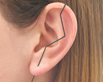 Black Zig Zag Ear Cuffs Sterling Silver Ear Climber Oxidized Silver Ear Pin Edgy Earring Over The Ear Earrings Ear Cuff Earrings