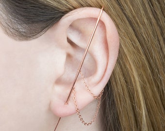 Rose Gold Cuff Chain Earrings Gold Chain Cuff Ear Pin Rose Gold Earrings Silver Ear Climbers Gold Ear Cuffs Modern Earrings Bar Earrings