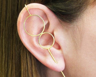 Gold Ear Cuff Ear Climbers Ear Pin Round Ear Crawler Circle Earrings Edgy Statement Earrings Minimal Jewelry Over The Ear Earrings