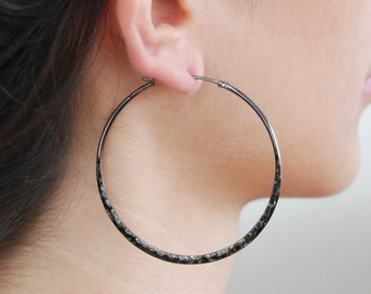 Black Hoop Earrings Sterling Silver Oxidized Silver Hoop Earrings Hammered Hoops Large Hoop Earrings Unusual Hoop Earrings