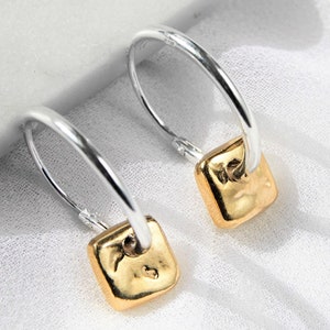 Square Charm Huggie Hoop Earring Gold Hoops Earrings Silver and Gold Earrings Organic Earrings Textured Earrings Simple Hoop Earrings 18K Gold Plated