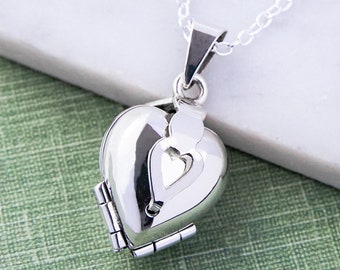 Sterling Silver Heart Locket Necklace Four Leaf Clover Necklace Memory Locket Heart Pendant Heart Locket Necklace With Photo Necklace