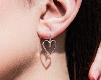 Heart Outline Drop Earrings Sterling Silver Bridesmaid Earrings Silver Heart Earrings Dangle Earrings Silver Drops Heart Hoop