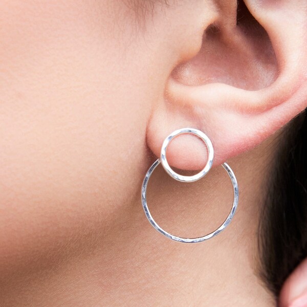 Sterling Silver Ear Jackets Double Circle Two Way Earrings Round Circle Earrings Sterling Silver Earrings Double Earrings 925 Stud Earrings