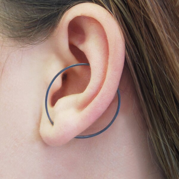 Sterling Silver Oxidised Ear Cuffs Sterling Silver Ear Cuff Earrings Black Oxidised Circle Earring Black Earrings Simple Wire Hoop Earrings