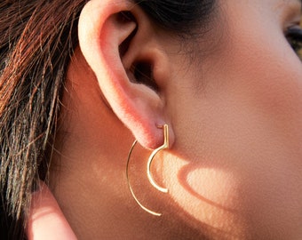 Modern Curved Gold Plated Drop Earring Sterling Silver Earrings Geometric Hoop Earrings Edgy Earrings Gold Unusual Earrings