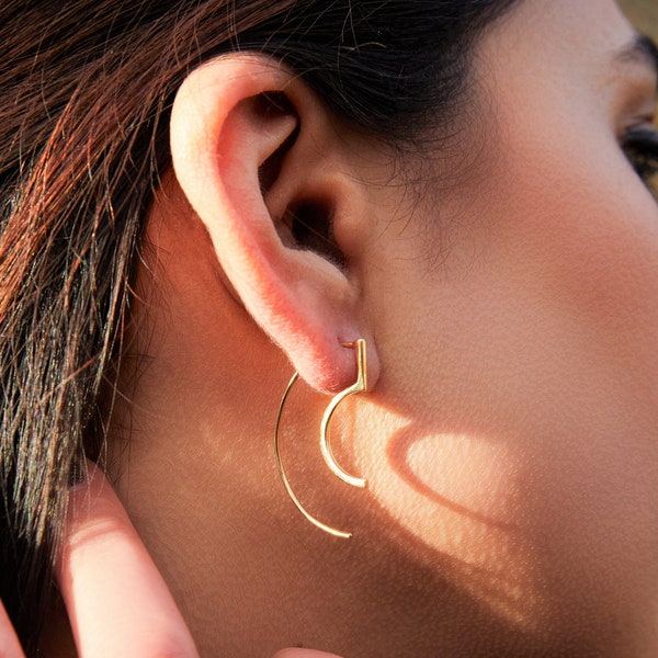 Modern Curved Gold Plated Drop Earring Sterling Silver Earrings Geometric Hoop Earrings Edgy Earrings Gold Unusual Earrings