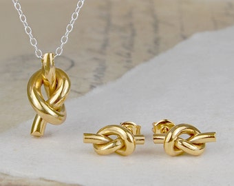 Friendship Knot Jewelry Set Gold Jewellery Earrings and Pendant Set Bridesmaids Set Sterling Silver Necklace Set Love Knot Jewelry Set