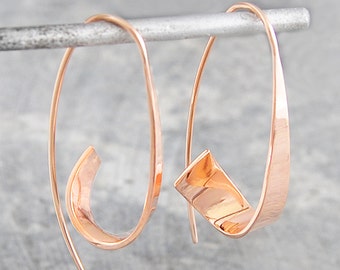 Rose Gold Drop Hoop Earrings Statement Earrings Long Drop Earring Dangle Earring Modern Hoops Sterling Silver