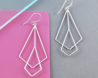 Silver Drop Earrings, Long Earrings, 925 Earrings, Geometric Earrings, Diamond Earrings, Art Deco Earrings, Dangle Earrings, Sterling Silver