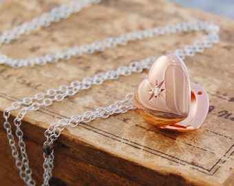 Sterling Silver and Rose Gold Heart Locket Necklace with Zircon Gemstone Anniversary and Bridesmaids Gift Opening Heart Pendant Photo Locket