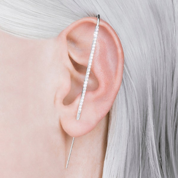 Sterling Silver Gemstone Ear Pin Earrings Pave Diamond Earrings Silver Bar Earcuff Sparkly Cuff Earring Daughter Gift