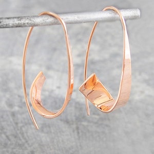 Sterling Silver Drop Hoop Earrings Small Ribbon Hoop Silver Earrings Statement Earrings Modern Earrings Unusual Earrings Curl Earrings Rose Gold