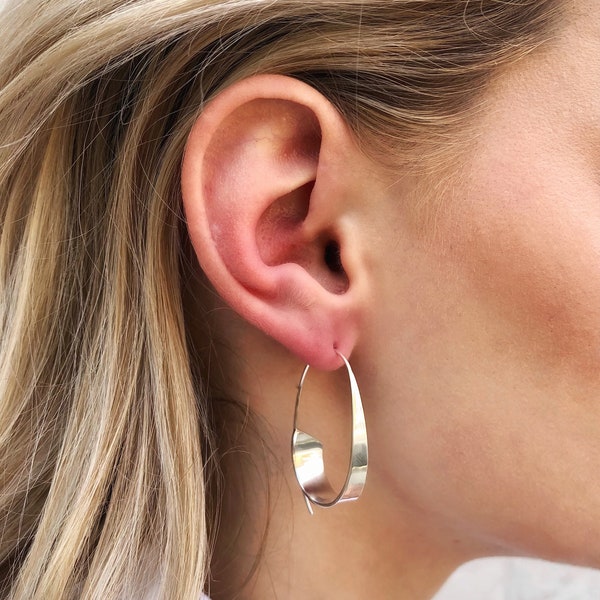 Sterling Silver Hoop Earrings, Curl Hoops, Chic and Sleek Minimalist Jewelry, Modern Statement Earrings, Unique Earrings Minimal Earrings