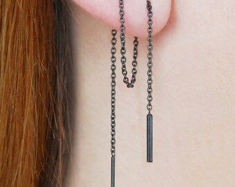 Black Sterling Silver Threader Earrings Oxidised Earrings Chain Earrings Thread Earrings Double Piercing Earring Gothic Earrings