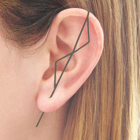 Black Sterling Silver Geometric Ear Cuff Earrings Ear Pin Ear