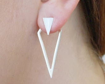 Ear Jacket Sterling Silver Triangle Earrings Diamond Ear Jackets Cut Out Earrings Sterling Silver Ear Jackets Silver Triangle Earring Stud