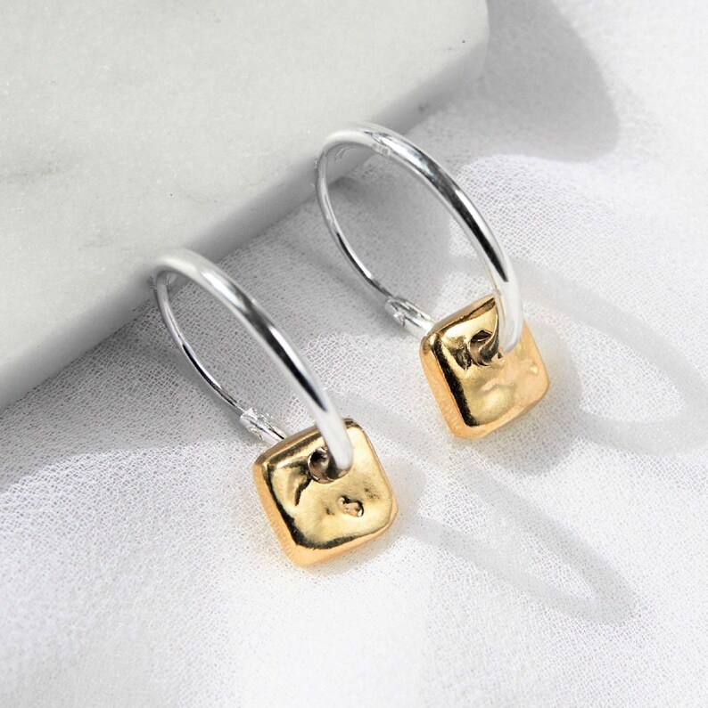 Square Charm Huggie Hoop Earring Gold Hoops Earrings Silver and Gold Earrings Organic Earrings Textured Earrings Simple Hoop Earrings 18K Gold Plated