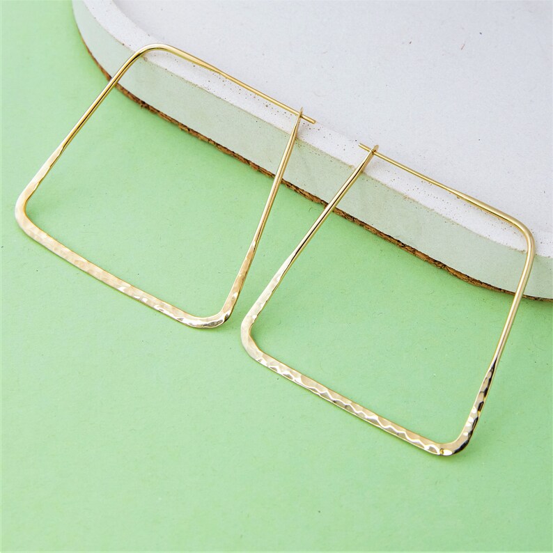 Sterling Silver Square Hoop Earrings Hammered Silver Earrings Silver Hammered Hoop Earrings Large Hoop Earrings 18k Yellow Gold