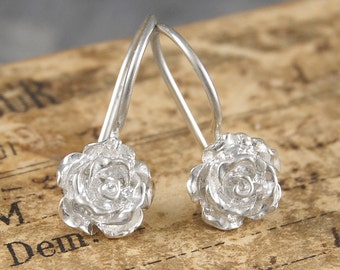 Silver Rose Drop Earrings Sterling Silver Flower Earrings Silver Nature Earrings Floral Earrings Silver Cute Rose Earrings