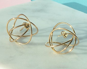 Wire Wrapped Sphere Stud 3D Earrings Gold Wire Wrapped Hoop Stud Earrings Earrings Sterling Silver Statement Earrings Stud Earrings