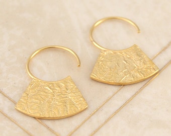 Gold Plated Sterling Silver Drop Hoop Earrings Boho Earrings Statement Earring Hammered Earrings Textured Hoop Vermeil Earrings Mum Gift