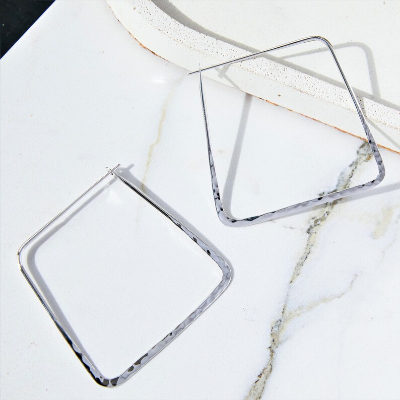 Sterling Silver Square Hoop Earrings Hammered Silver Earrings Silver Hammered Hoop Earrings Large Hoop Earrings Sterling Silver