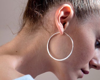 Large Sterling Silver Hoop Earrings Silver Earring Hammered Silver Earrings Handmade Hoops Textured Hoops Large Hammered Hoops