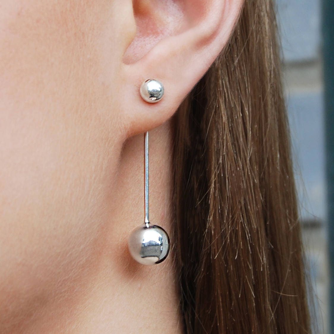 Sterling Silver Long Drop Ball Earrings Ear Jacket Earrings 