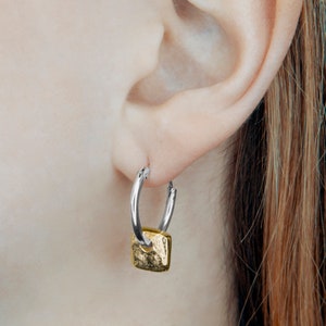 Square Charm Huggie Hoop Earring Gold Hoops Earrings Silver and Gold Earrings Organic Earrings Textured Earrings Simple Hoop Earrings image 3